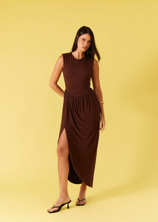 VESTIDO MIDI RECORTE ASSIMÉTRICO KRONNE