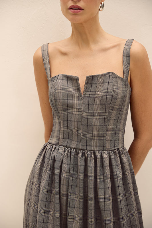 VESTIDO LONGO DECOTE V XADREZ KRONNE