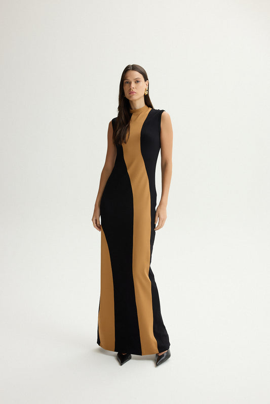 VESTIDO KRONNE GOLA ALTA RECORTES BICOLOR