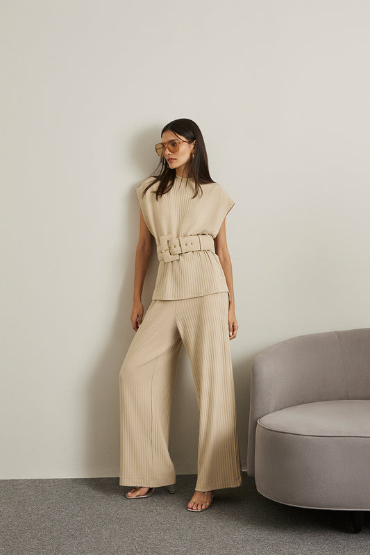 Blouse and pants set with belt