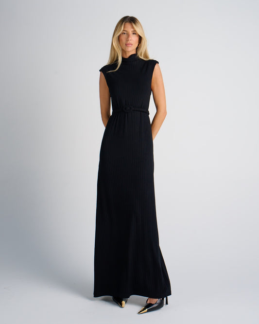 VESTIDO LONGO KRONNE GOLA ALTA E CINTO