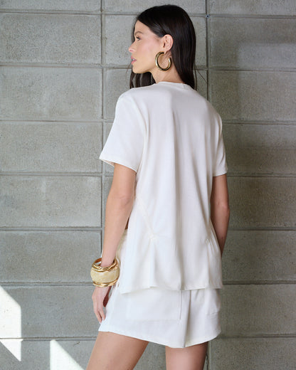 CONJUNTO BLUSA FRANZIDA COM CADARÇO E SHORT COR ELASTICO