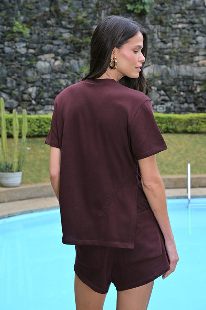 CONJUNTO BLUSA FRANZIDA COM CADARÇO E SHORT COR ELASTICO