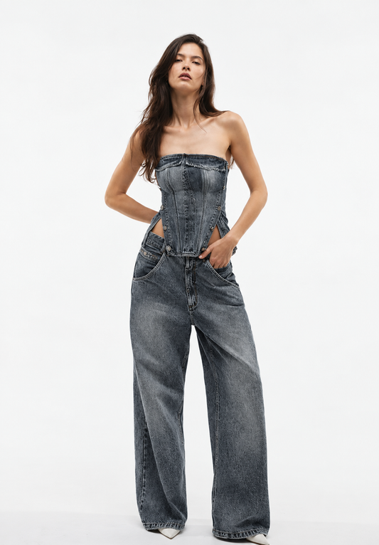 CORSET SEM ALÇA COM BOTÕES LATERAIS JEANS