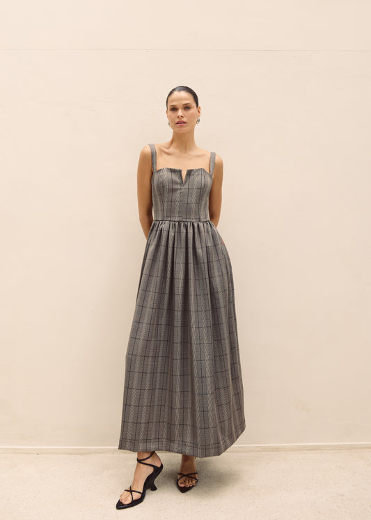 VESTIDO LONGO DECOTE V XADREZ KRONNE
